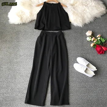

two piece set women fashion sexy short top and long pants casual sleeveless Elastic high waist female summer festival clothing