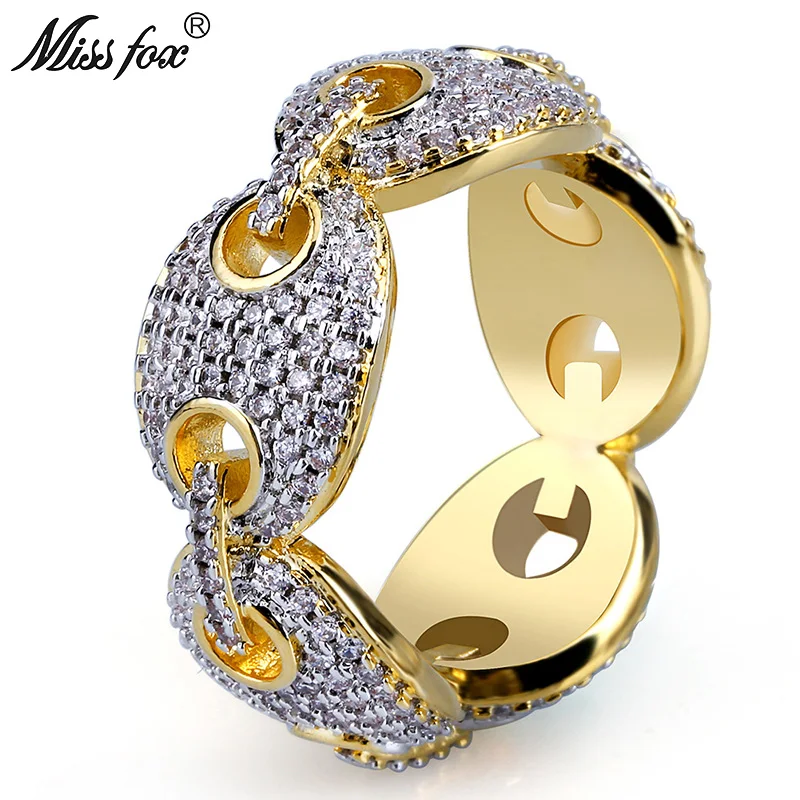 

HOT!!! Hip Hop Oval Link Personalized Men Rings Hot Sale Cubic Zirconia Ring Best Selling 2018 Products 18k Gold Luxury Jewelry