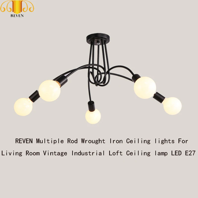 

REVEN Multiple Rod Wrought Iron Ceiling lights For Living Room Vintage Industrial Loft Ceiling lamp LED E27