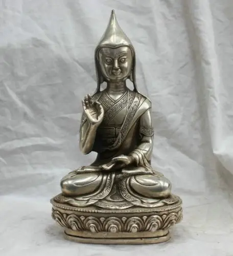 

H 220mm Decorated Tibet Silver Copper Buddhism Silver Bronze statue Tsongkhapa Buddha Statue Decoration real Silver Brass