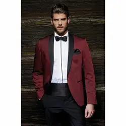 Модные One Button Бургундия Жених смокинги Жених Для мужчин Свадьба Пром Для мужчин костюмы одежда Свадебная Для мужчин костюм (куртка + брюки +
