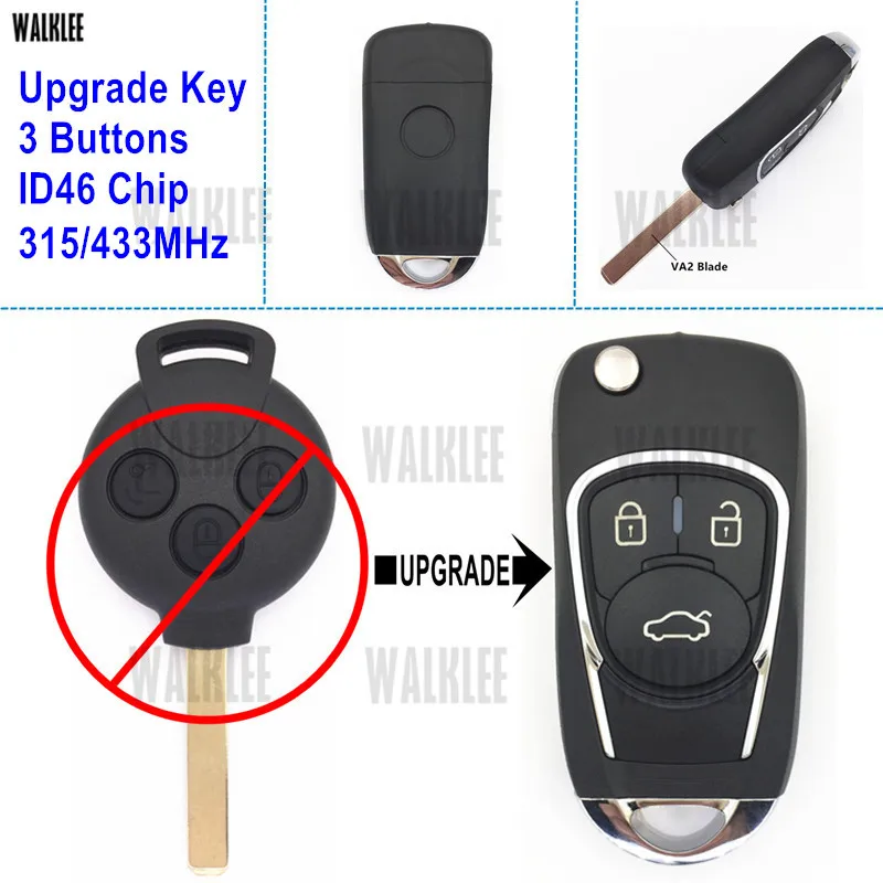 

WALKLEE Flip Folding Remote Key Upgraded for Mercedes-Benz Smart Fortwo 451 315MHz or 433MHz 2007-2015