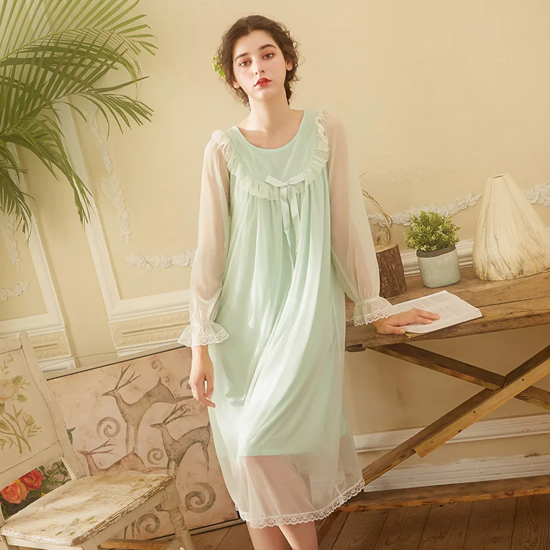 Autumn Cotton Long Lace Nightgowns Women Vintage Romantic Sleepwear Dressin Nightgowns