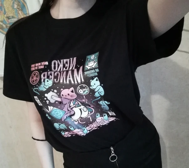 

starqueen HJN Neko Mancer T-Shirt Unisex Cute Aesthetic Grunge Black Tee Satantic Gothic Clothing Witch Shirt