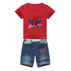 Комплект одежды для маленьких мальчиков, футболка с принтом Супермена и Человека-паука для мальчиков Топ + джинсы, хлопковые короткие штаны