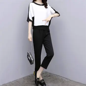 

2019 Summer Women Contrast Color Asymmetry Shirts+Elastic Waist Solid Ankle Length Pant Set Lady Plus Size 5XL Chiffon Suit Y128