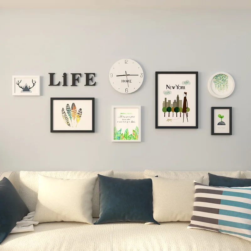 

Home Decoration Accessories Collage Picture Frames+White Clock+Letters Wall Decoration Photo Frame Set Wooden Picture Frame Set