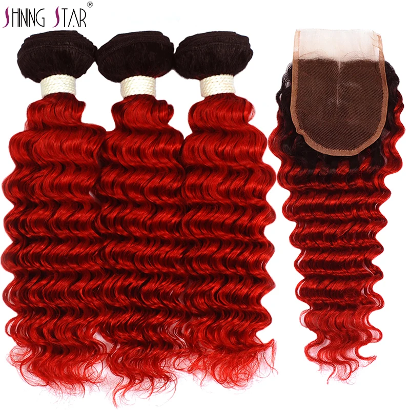 

Colored 1B Red Deep Wave 3 Bundles With Closure Ombre Peruvian Human Hair Weave Bundles With Closure Non Remy Weft Shining Star