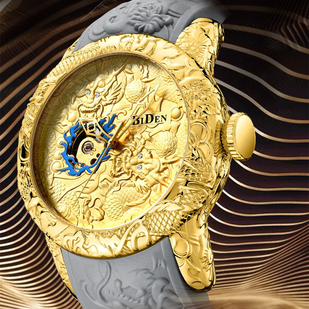 

BIDEN Fashion Gold Dragon Sculpture Men Watch Automatic Mechanical Watch Waterproof Silicone Strap Wristwatch relogiio masculino