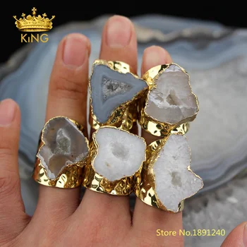 

5pcs Freeform Slab Druzy Geode Rings Jewelry,Raw Drusy Agates Plating Gold Circle Band Rings Multistone Ring Wholesale YT53