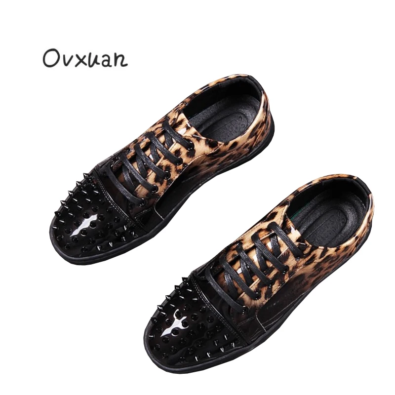 

Ovxuan Fashion Italian Men Flats Black Rivets Leopard Print Camouflage Men Loafers Luxury Party Men Dress Shoes Casual Shoes
