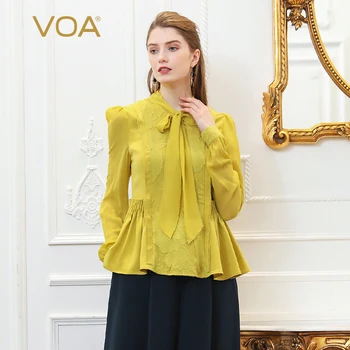 

VOA Embroidery Silk Blouse Plus Size Women Tops Yellow Bow Ribbon Tunic Basic Shirt Long Sleeve Pullover Sweet Harajuku B377