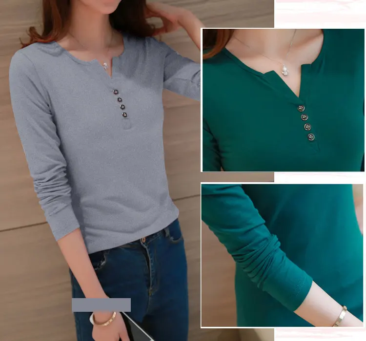 Tee Shirt Femme T-shirt Autumn Tops Tee Female Tshirt V-neck Long Sleeve Buttons Tshirts Casual Large Size Camisetas Mujer 2019 (2)