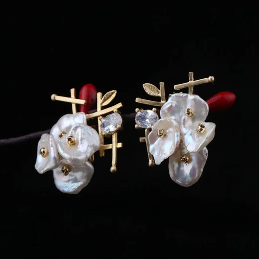 

925 sterling silver pin pearl designer HANDMADE WOVEN flower earrings