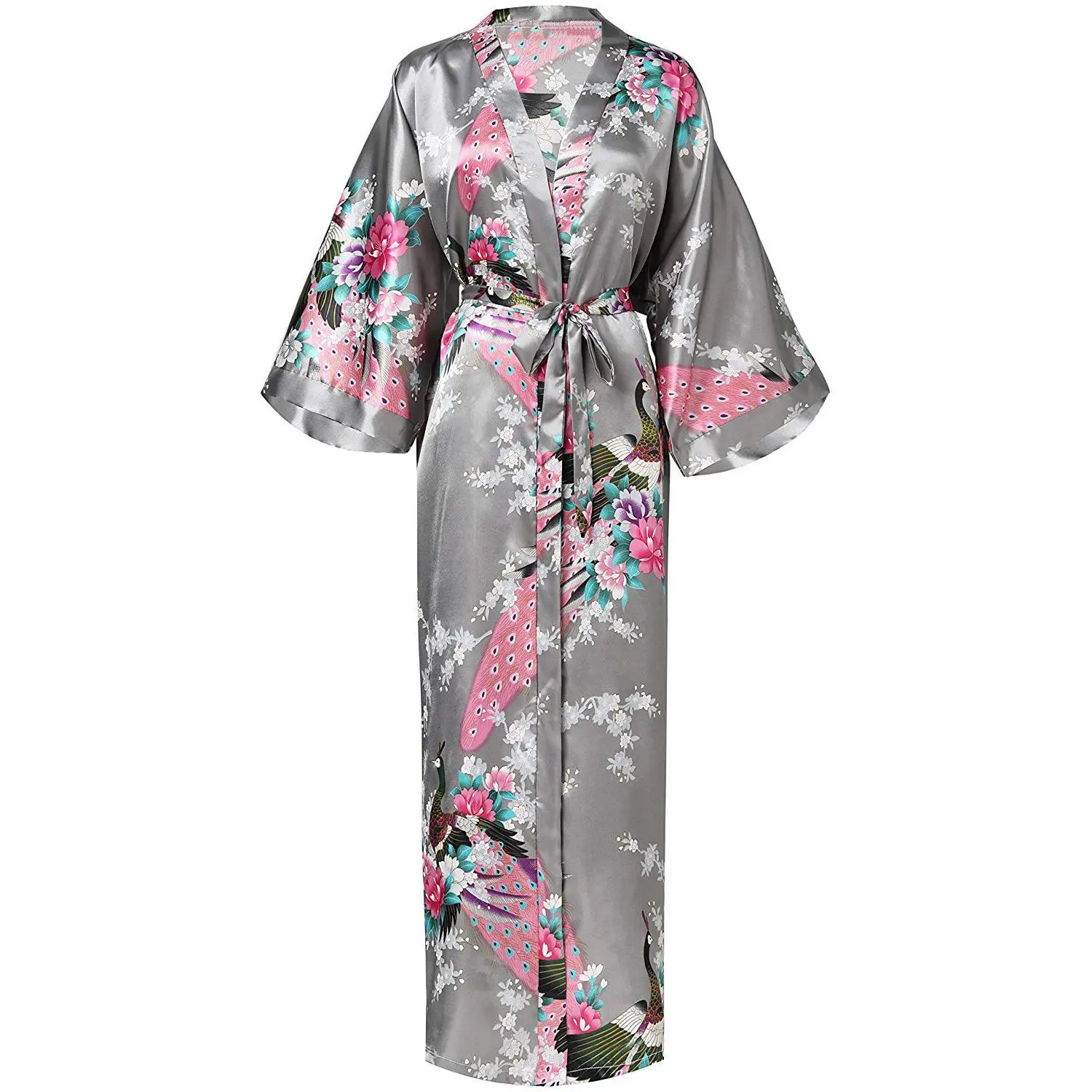 Черные женские кимоно халат невесты свадебное Лето Ночная рубашка шелковый атлас Плюс размеры рубашки RB012 - Цвет: Long Gray