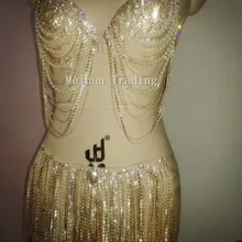 Пикантные Золотые кристаллы кисточкой бикини Костюмы комплект для ночного клуба из двух предметов Детский костюм для вечеринок стразы бюстгальтер стрейч короткие купальники