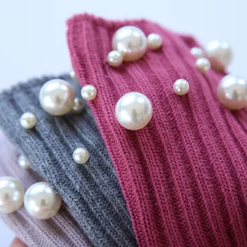 

Fashion handmade pearls cotton socks women 2018 autumn and winter 3pairs/lot wholesale price