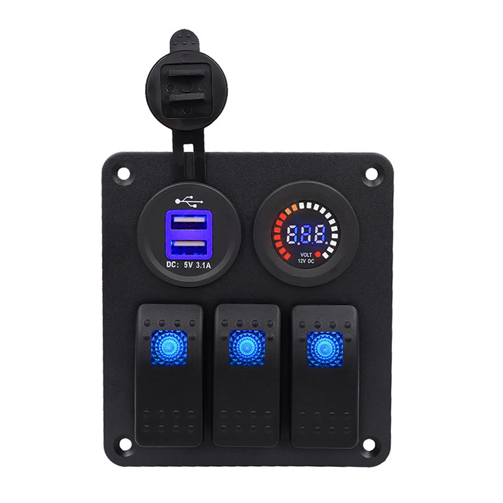 

3 PIN Switch Panel Dual USB Charger 12V Output LED Screen Voltmeter for Car Boat Motorcycle Switch Panel