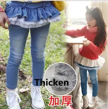 New enfant filles legging coton jeans dentelle manchette pantalon élastique taille filles pantalon chaud Denim Jeans hiver printemps enfants Pantalon