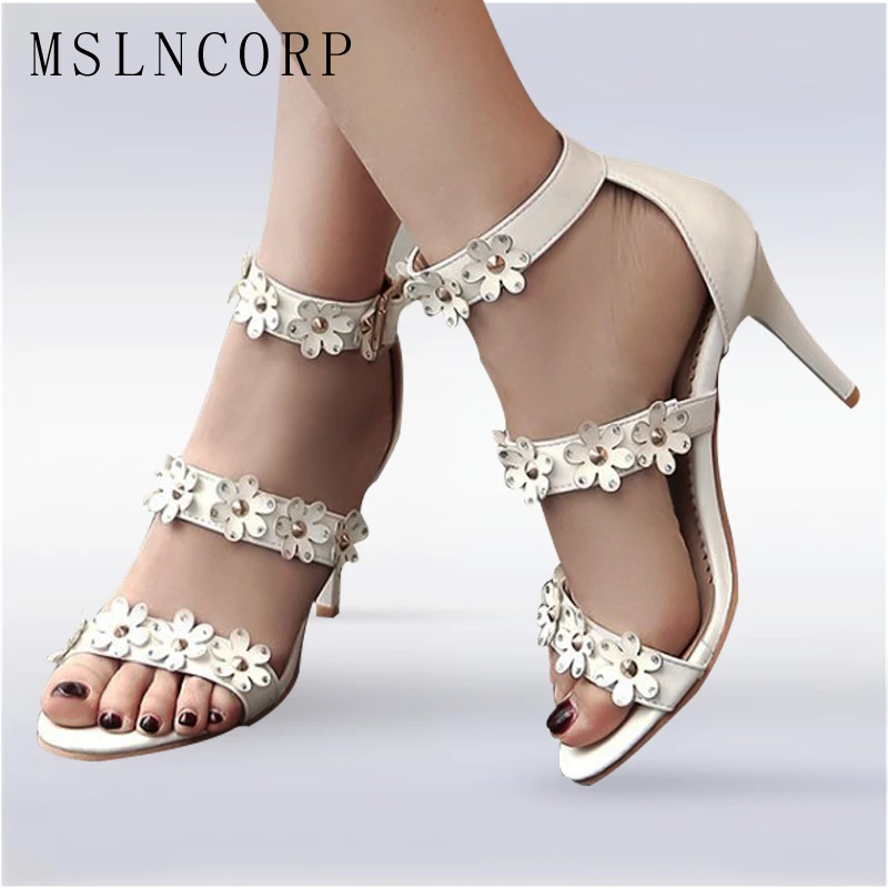 

Size 34-48 Fashion Summer Sandals Women Open Toe sexy Flowers Shoes For Lady thin high heel stiletto ankle buckle strap Pumps