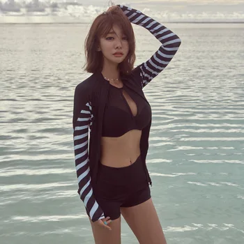 

3pcs/set Women's Long Sleeve Rash Guard Swimsuit Sun Protection Zip Up Tankini Swimwear Surfing Swimming Bathing Suit
