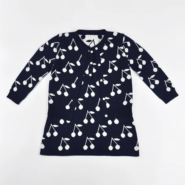 Осенний Детский комплект, хлопковый свитер с принтом вишни кардиган+ платье, 2 предмета, трикотажный комплект для маленьких девочек детская одежда милое пальто - Цвет: navy blue set