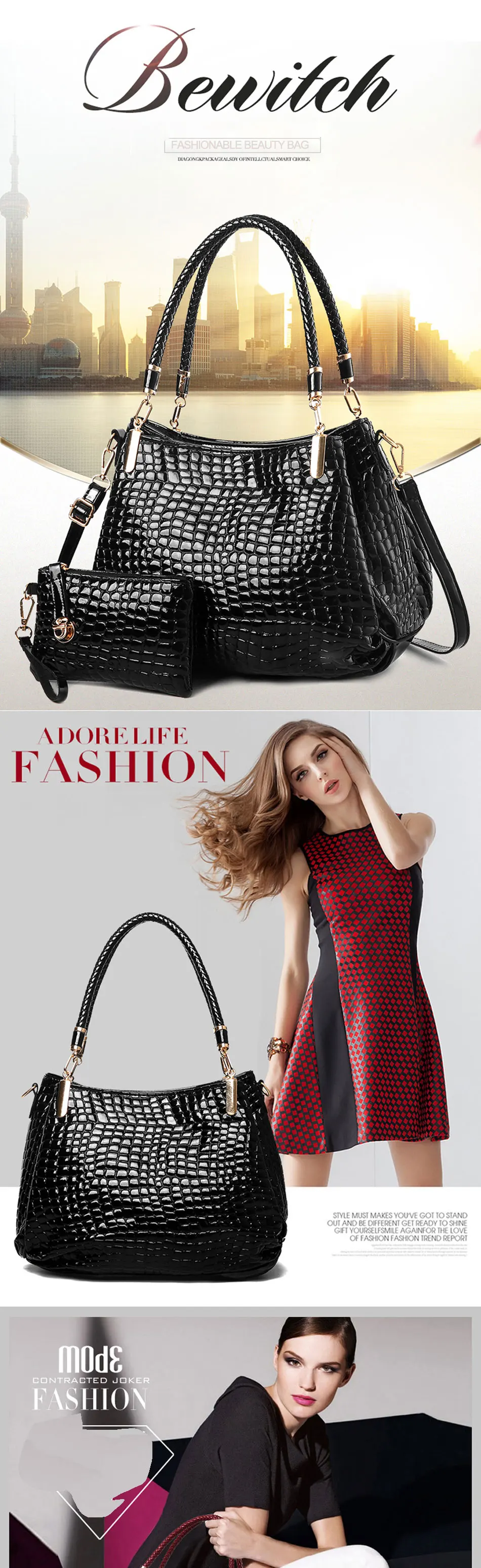 Nicole&Doris New Crocodile Grain PU Leather Women BagShoulder Bag Handbag Female Shopping Bag Crossbody Totes Large Bag women's bags big