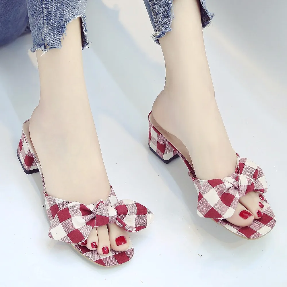 

2018 Summer Women Slippers Plaid Bow Slides Canvas Woman Sandals Sweet High Heels Slipper Dress Shoes