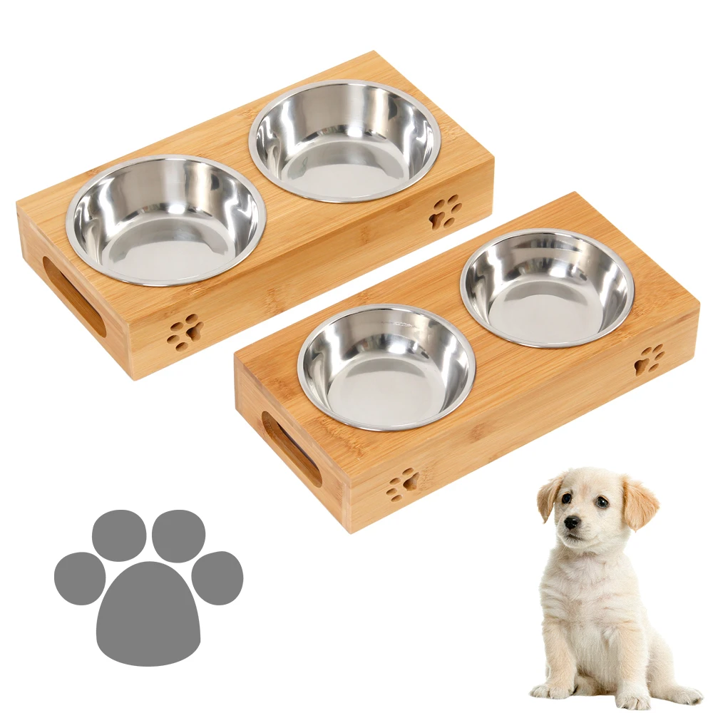 

Cat Dog Pet Stainless Steel Feeding and Drinking Bowls Combination with Bamboo Frame for Dogs Cats