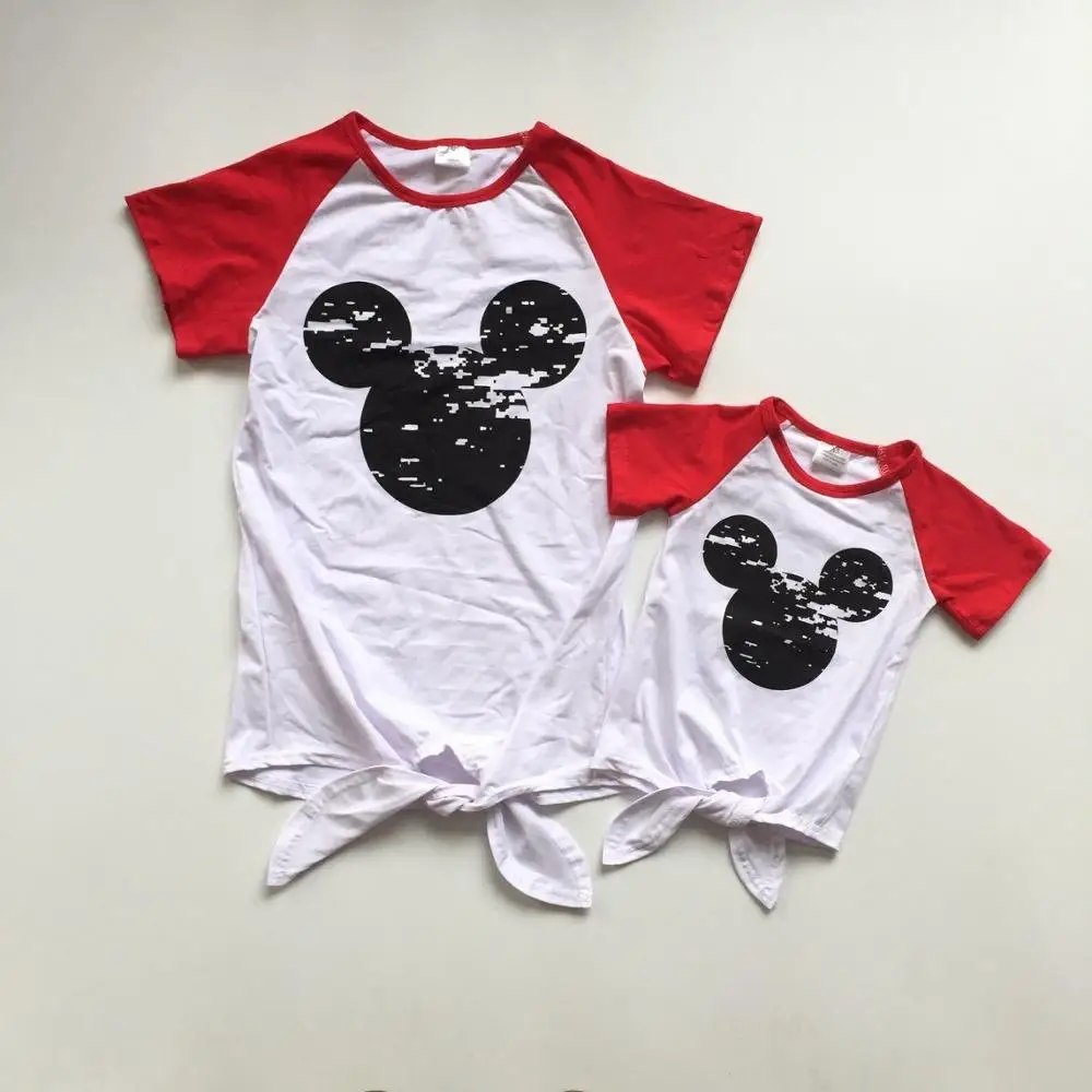 Mom and baby girls clothes summer T shirts mouse head print shirts red