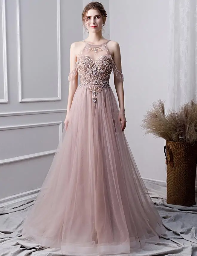 Vestidos de gala2019 круглый вырез Тюль кристалльное с кисточкой богемные Румяна Выпускные платья Длинные mezuniyet elbiseleri custom gala jurke - Цвет: blush