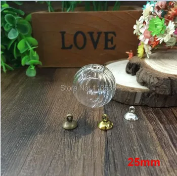 

New 100sets/lot 25mm pumpkin stripe design glass globes with 3-4mm hole 8mm cap jewelry findings set Glass bottle vial pendants