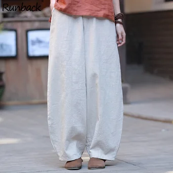 

Runback Harem Pants Loose Linen Pantalon Femme Elastic Waist Pockets 2020 Summer New Ramie Solid Black Loose Wide Capri Pants