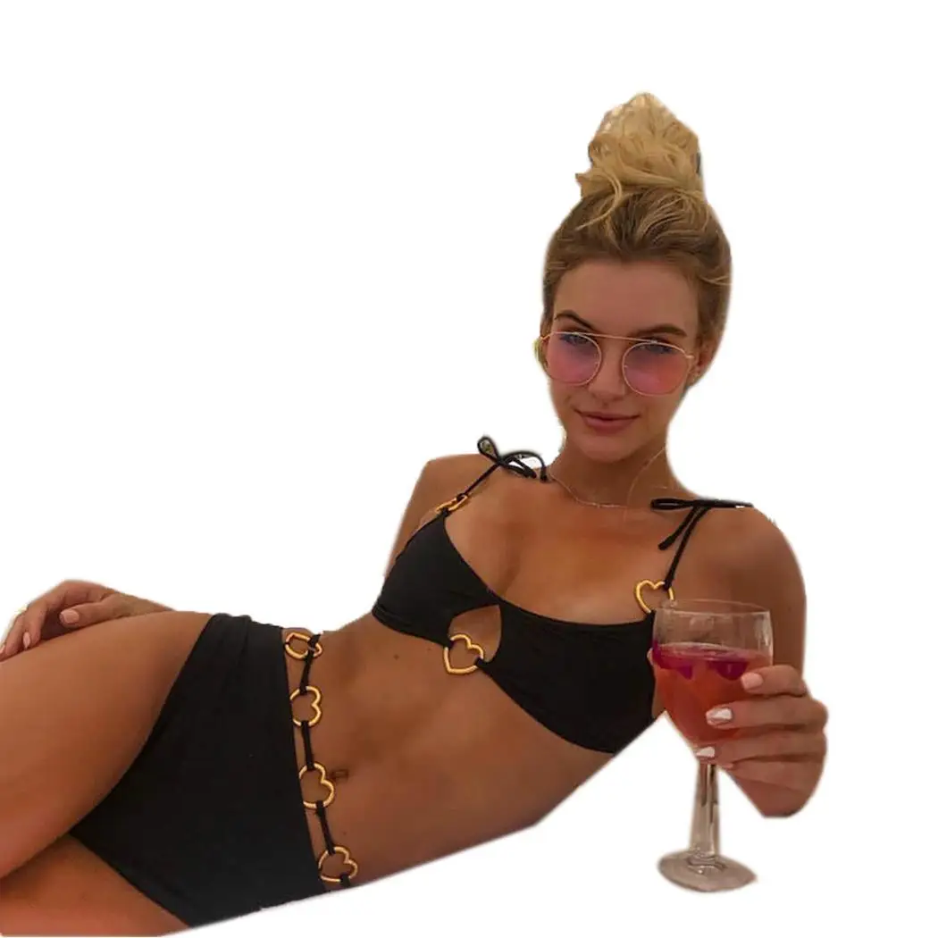 

Women Fashion Beachwear Metal Ring Decor High Waist Beach, Vacation, Swimming Bikini Split Swimsuit Solid