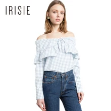 IRISIE Apparel 2017 Women Off Shoulder Blouse Ruffle Long Sleeve Lace Up Female Shirt Plaid Loose Preppy Casual Summer Blouse