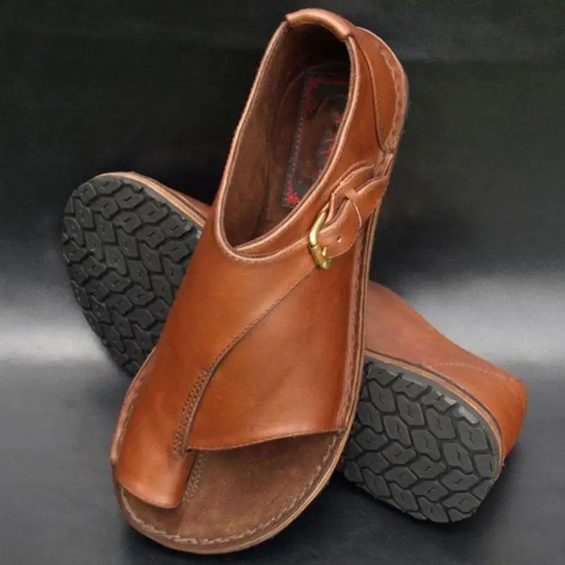 

1 Pair Women Retro Leather Sandals Walking Shoes Thong Flops T-Strap Flip Flat Open Toe