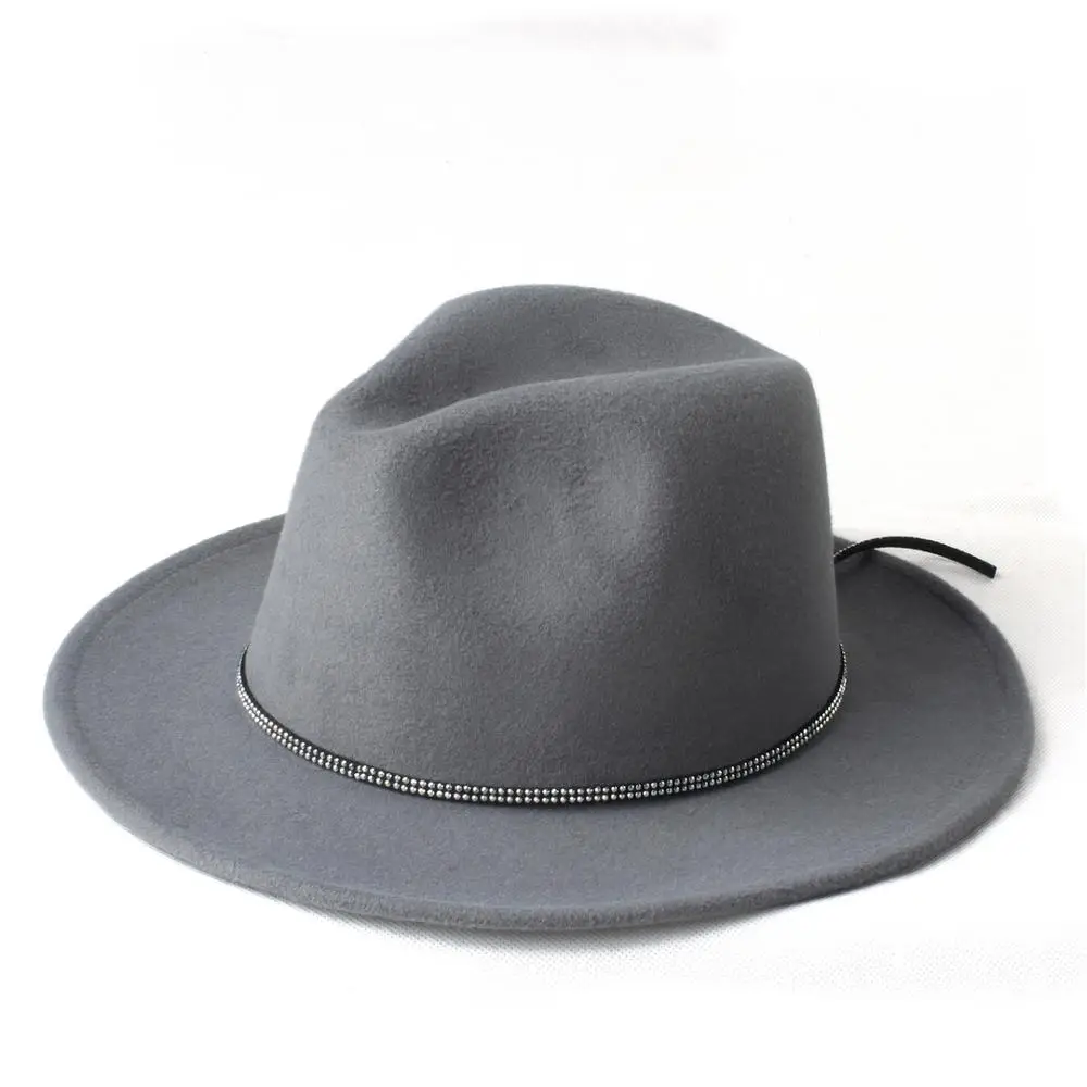 Брендовая шерстяная Женская Мужская шляпа Chapeu Feminino Fedora Шляпа с бриллиантами блестящий широкий джазования с полями церковная Кепка Панама Топ Солнцезащитная шляпа 20 - Цвет: Grey