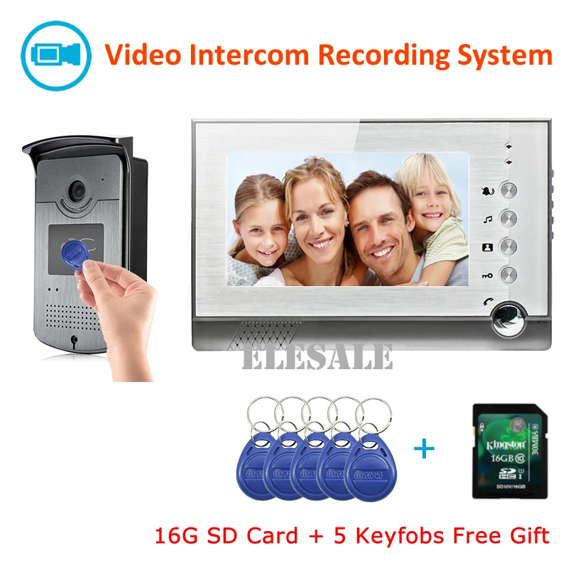 

Video Door Phone Intercom Record RFID Access Control System Video Doorbell Camera 7" LCD Monitor Night Vision + 16G SD Card
