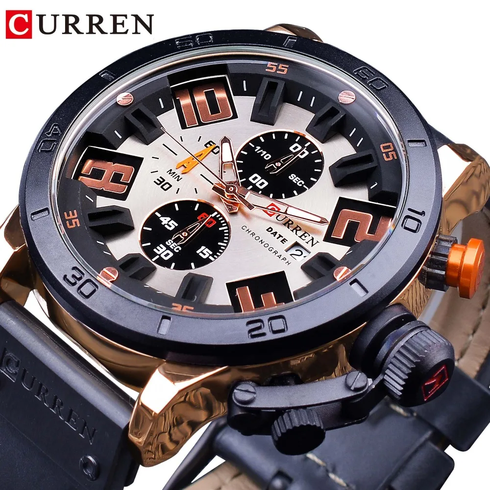 

CURREN Sport Racing Design Black Genuine Leather Belt Chronograph Military Mens Quartz Wrist Watches Top Brand Luxury Male Clock