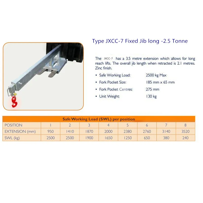 

Hot sale Forklift accessories Forklift attachment JXCC-7 fixed jib long-2.5Tonne