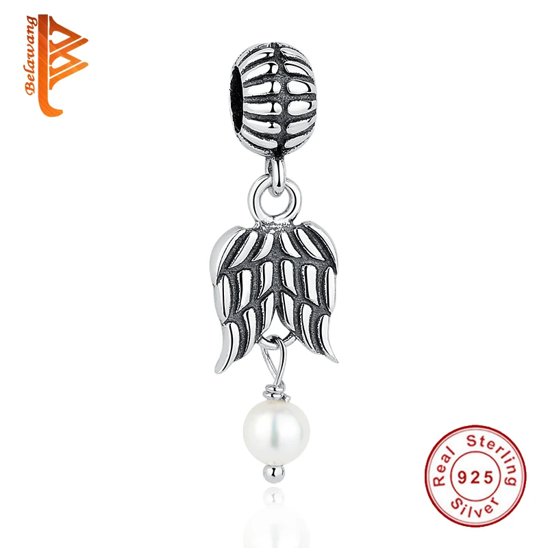 

BELAWANG Authentic 925 Sterling Silver Wing Feather Charms Imitation Pearls Beads Fit Original Bracelet Necklace Women Jewelry