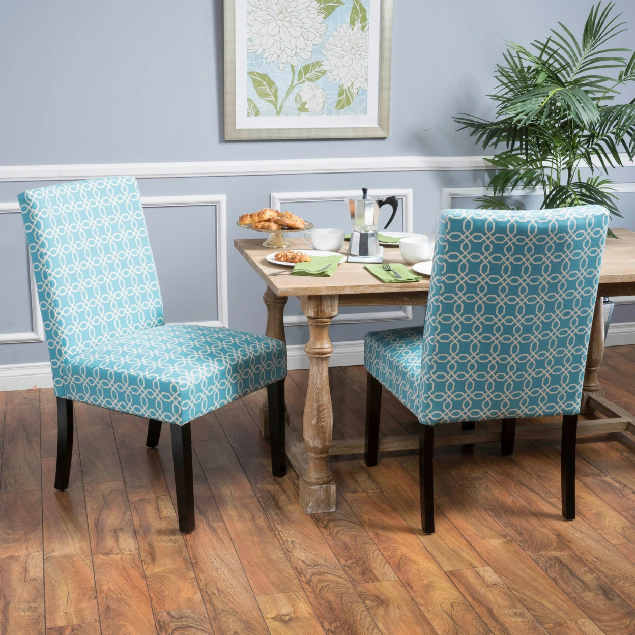 Helran Contemporary Blue/White Fabric Dining Chair (Set of 2)