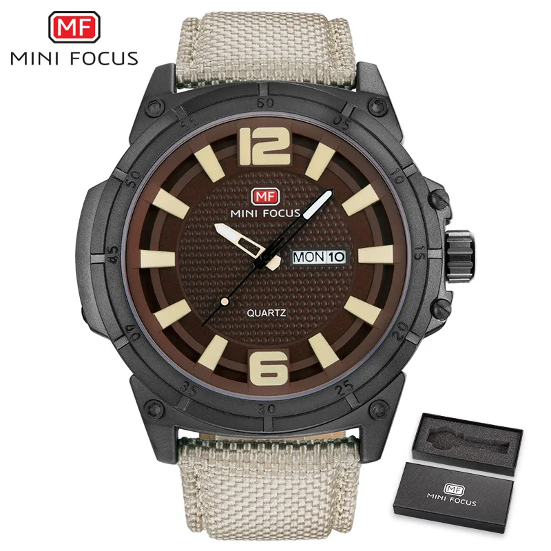 

MINIFOCUS Mens Watches Top Brand Luxury Quartz Clock Nylon Strap Brown Dial Week Date Display Fashion Sports Wrist Watch + Box