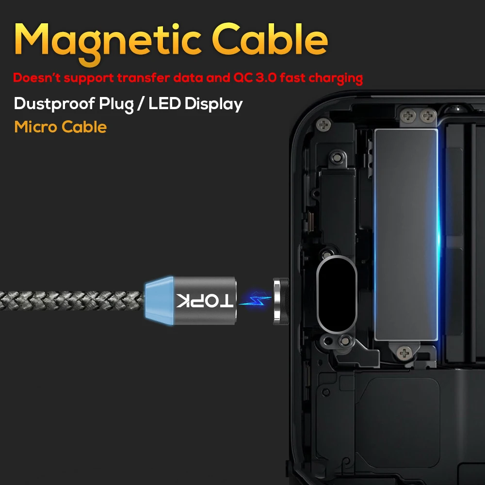 Магнитный кабель Micro USB TOPK AM17 LED Модернизированный светоотражающий нейлоновый