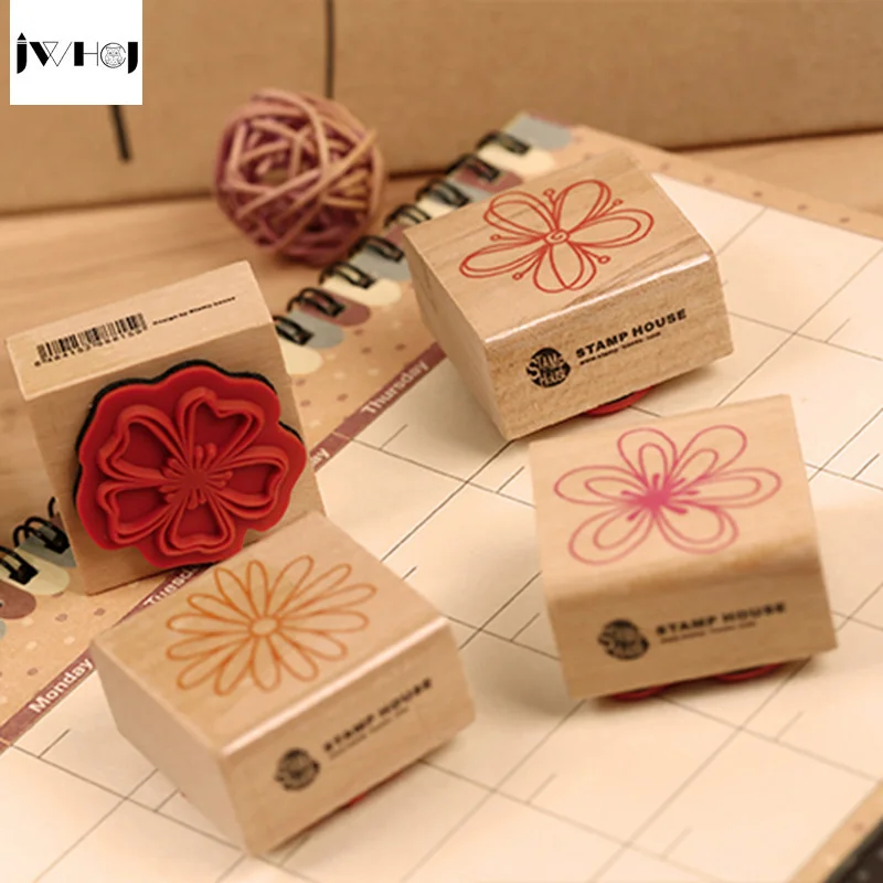 

4pcs/set flowers wooden rubber stamp for Kids DIY Handmade Scrapbook Photo Album students Stamps Arts,Crafts gifts