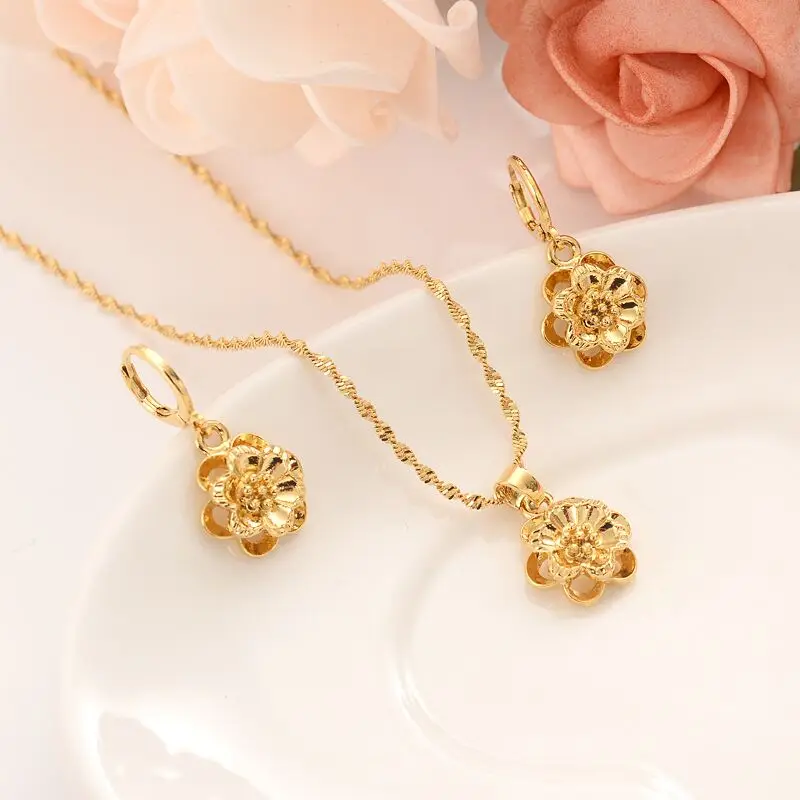 

women Jewelry set cute 18 K Solid Gold GF rose Pendant flower Necklaces/Earrings Europe Wedding girl Gift affection
