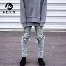 Kanye west представляют мужские европейский одежда slp мужчины голубой/черный дизайнер рок-звезда проблемные уничтожено разорвал узкие джинсы