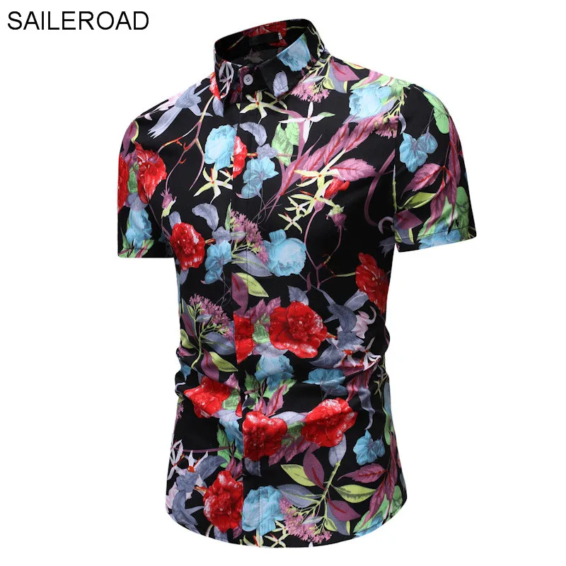 SAILEROAD Camisa Flores Hombre Мужская рубашка рубашки Гавайская Мужская рубашка с цветочным принтом облегающие топы с принтом Camisa Preta