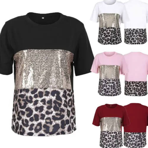 2019 Women Short Sleeve Loose T Shirt Fashion Paillette Summer Casual Tee Cotton Tops | Женская одежда