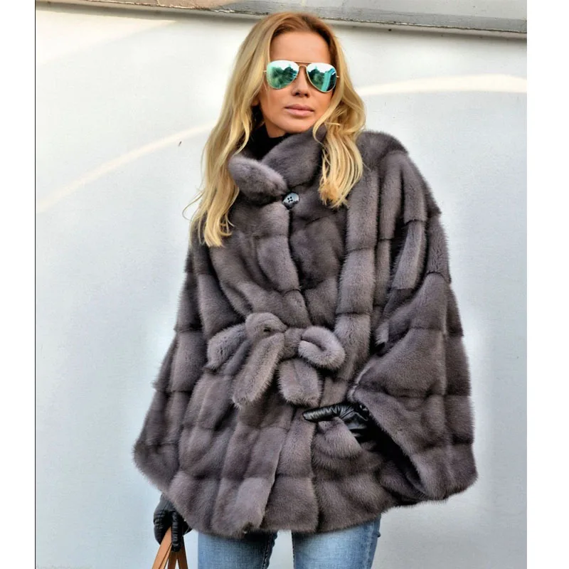 Натуральное меховое пальто, Новое поступление, Женская куртка типа летучая мышь, натуральное Норковое меховое пальто с поясом, светло-серая норковая шуба, осенне-зимняя мода - Цвет: 077 iron gray